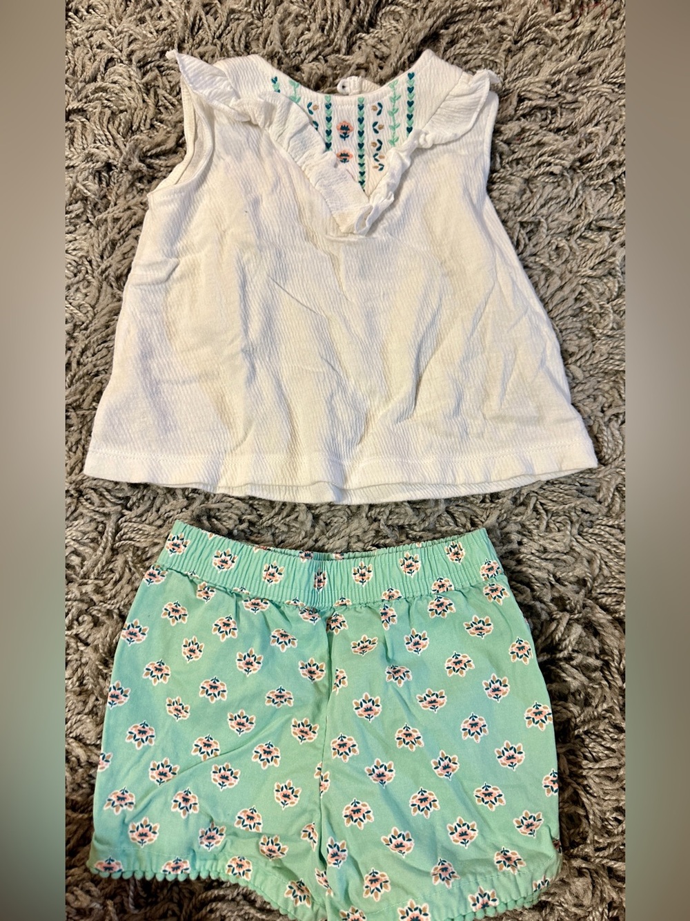 Carter's White Ruffle Tank with Mint Floral Athletic Shorts